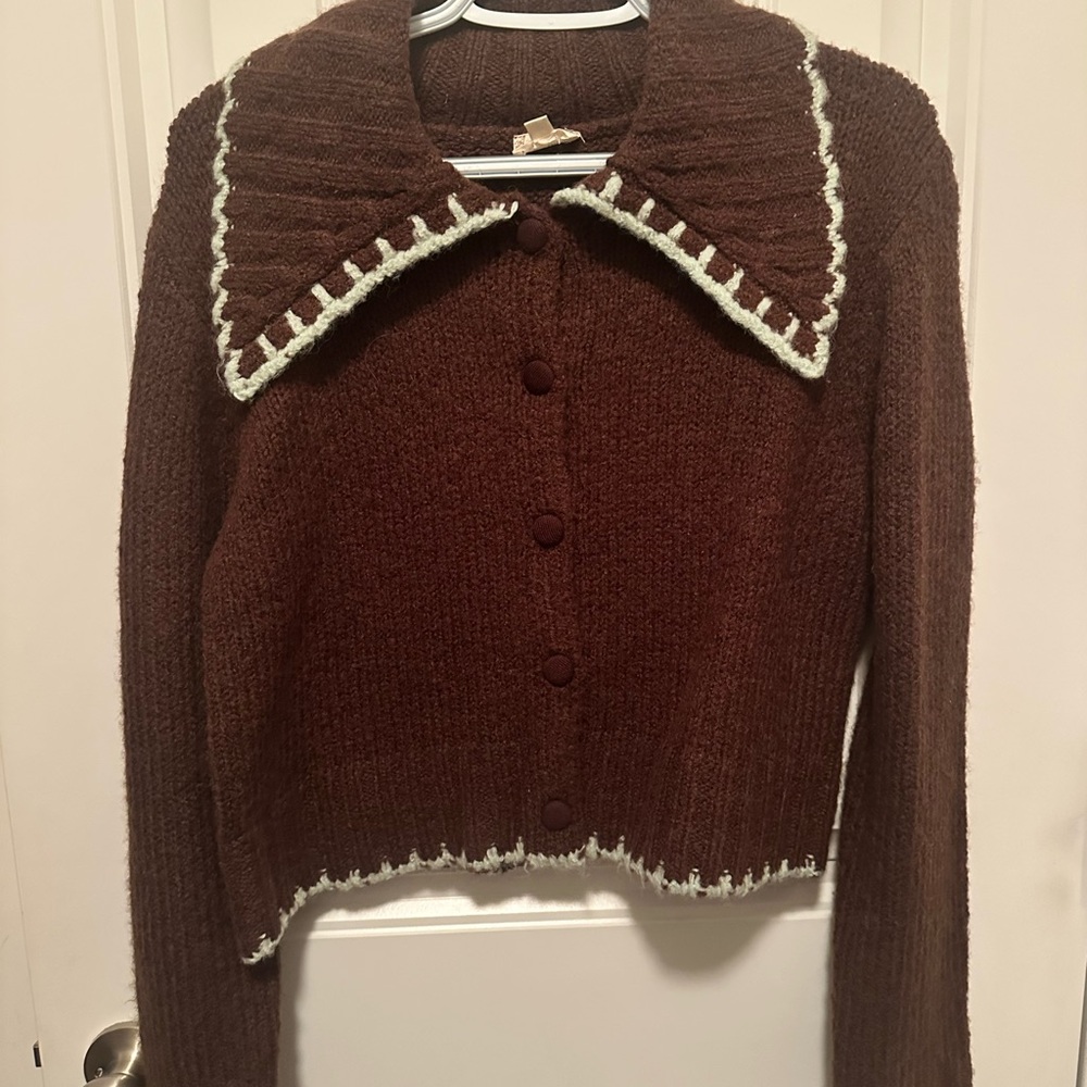 Brown Sweater with Robin’s Egg Blue Thread Trim